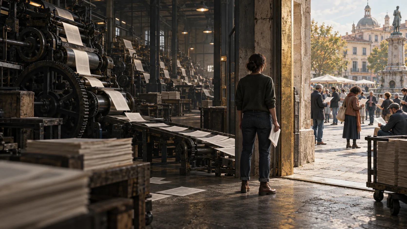A woman stands at the threshold between an autonomous printing workshop and a public square where people read its pages.